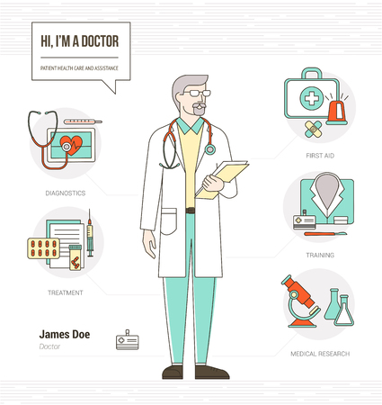 Professional doctor infographic resume skills with tools, medical equipment and icons setのイラスト素材