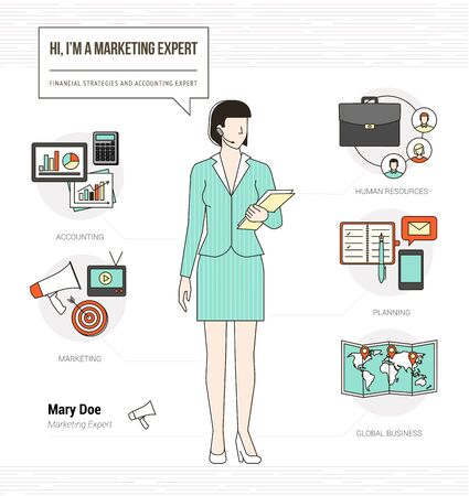Professional marketing expert infographic skills resume with work tools, equipment and iconsのイラスト素材