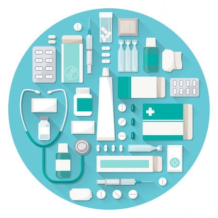 Pharmacy and medical treatment concept with pills, tablets, blisters and stethoscope in a circular shapeのイラスト素材