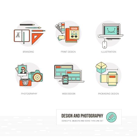 Photography, illustration, graphic and web design concepts, thin line icons and objects setのイラスト素材