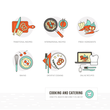 Cooking and food concepts, international and traditional recipes and ingredients, thin line objects and iconsのイラスト素材