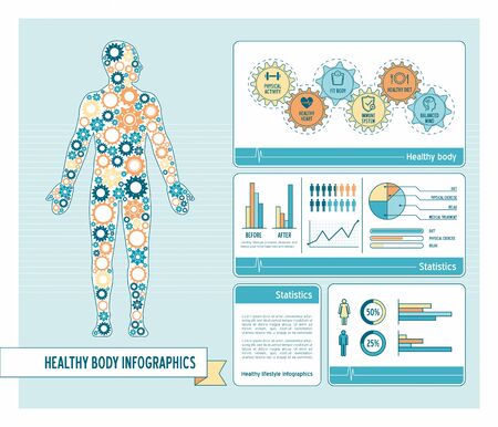 Healthy body and lifestyle concept infographics with human body composed of gears and chartsのイラスト素材