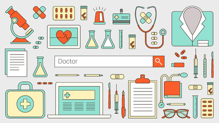 Professional doctor and healthcare banner with search bar, thin line objects and medical equipment on a desktopのイラスト素材