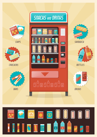 Vintage vending machine advertisement poster with snacks and drinks packaging setのイラスト素材