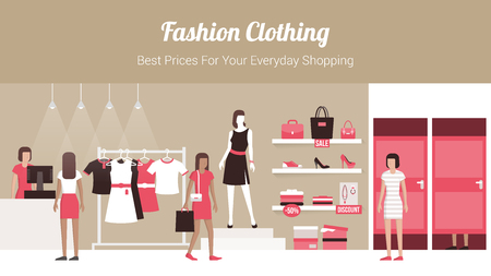 Fashion clothing store banner with shop interior, clothing on hangers and shelves, fitting rooms and customers buying productsのイラスト素材