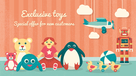 Cute vintage toys on the floor and plane hanging, kids products sale bannerのイラスト素材