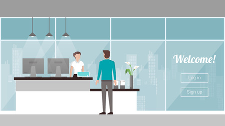 Customer at the reception, a female receptionist is welcoming and registering him, windows and city skyline on backgroundのイラスト素材