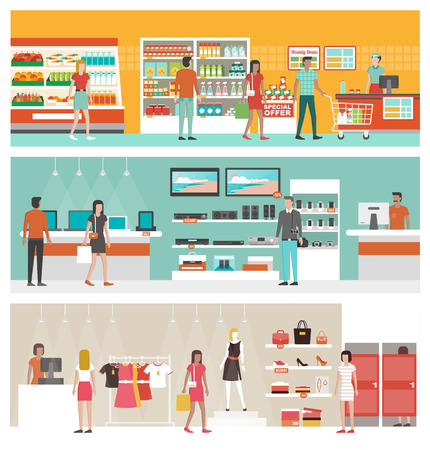 Supermarket, electronics store and clothing shop banner set with people shopping and buying products on shelvesのイラスト素材