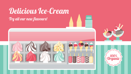 Ice cream shop with tasty colorful ice creams in metal trays, cones, popsicles and sundaes in a freezer with glass display, sweet italian food and healthy eating conceptのイラスト素材