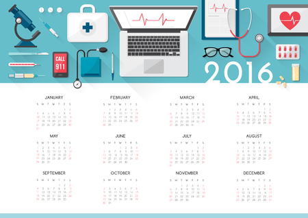Healthcare calendar 2016 with doctor desktop and medical tools top view, medicine and health care conceptのイラスト素材