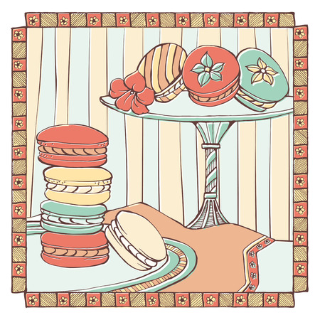 Hand drawn macarons on a dish, traditional french dessertのイラスト素材
