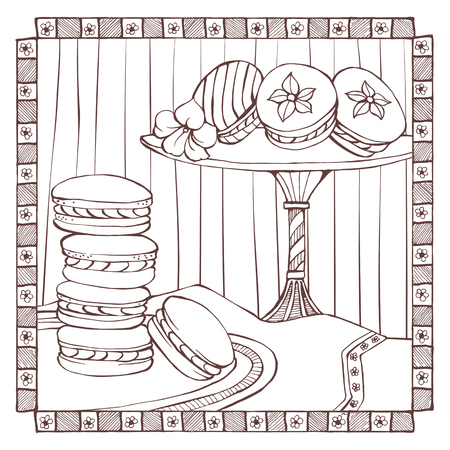 Hand drawn macarons on a dish, traditional french dessertのイラスト素材