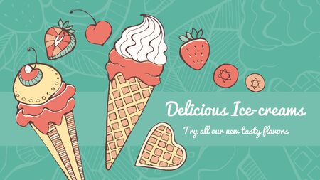 Delicious ice cream hand drawn banner with fruit, tasty eating and natural ingredients conceptのイラスト素材