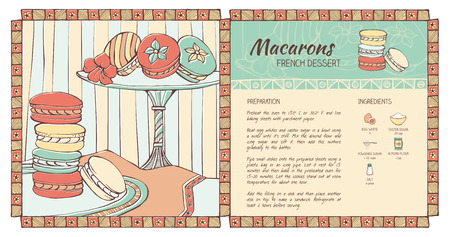 Macarons hand drawn traditional french recipe, healthy eating and pastry making conceptのイラスト素材