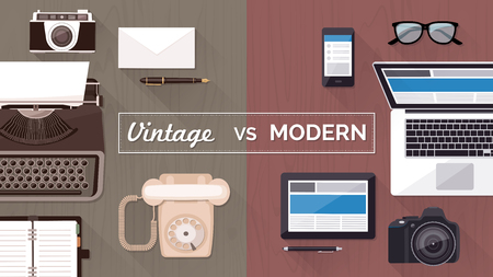 Work desktop and devices evolution, from typewriter to keyboard, business and communication technology evolution and improvement conceptのイラスト素材
