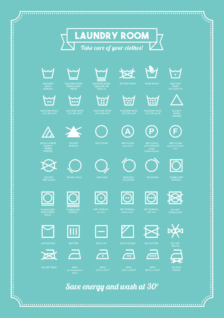 Laundry and washing clothes symbols with texts posterのイラスト素材