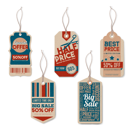 Vintage tags set with string, textured realistic paper, retail, sale and discount conceptのイラスト素材