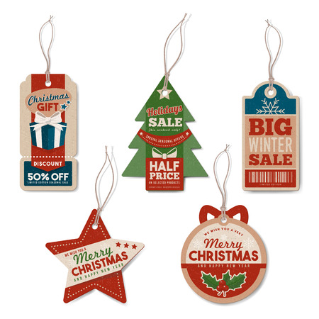 Vintage Christmas tags set with string, textured realistic paper, retail, sale and discount conceptのイラスト素材