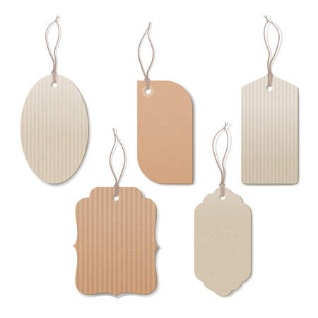 Empty vintage tags with string on white background, sale and discounts conceptのイラスト素材