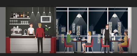 People having an exclusive dinner at the rooftop restaurant at night time, nightlife and luxury conceptのイラスト素材