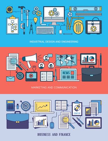 Engineering, marketing and business banner set with tools, computer network and desktop objectsのイラスト素材