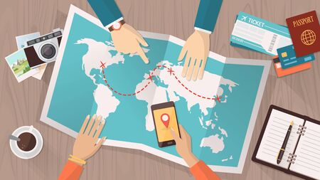 People planning a trip around the world, they are pointing on a map and using an app on a mobile phone, travel and vacations conceptのイラスト素材