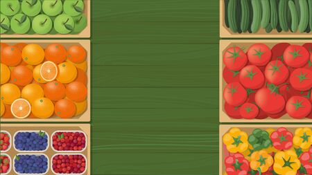Tasty colorful freshly harvested vegetables in wooden crates at the farmers market, agriculture and healthy eating concept, top viewのイラスト素材