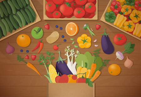 Explosion of tasty freshly harvested vegetables in a paper shopping bag, healthy eating and agriculture concept, vegetables crates on topのイラスト素材