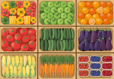 Vegetable crates at the farmers market, top view, harvest and healthy eating conceptのイラスト素材