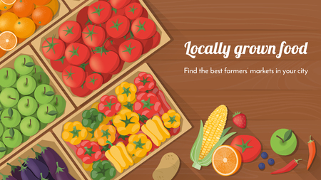 Colorful freshly harvested vegetables in crates at the farmers market, locally grown food and healthy eating concept bannerのイラスト素材