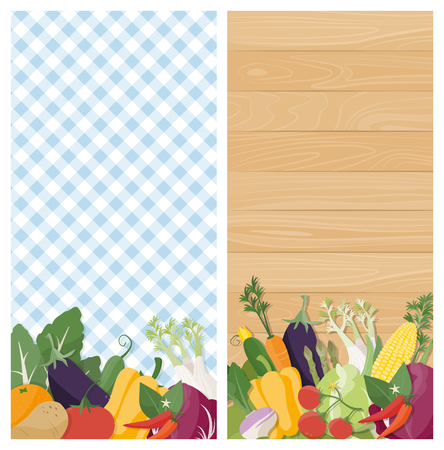 Tasty vegetables vertical banners on tablecloth and woodのイラスト素材