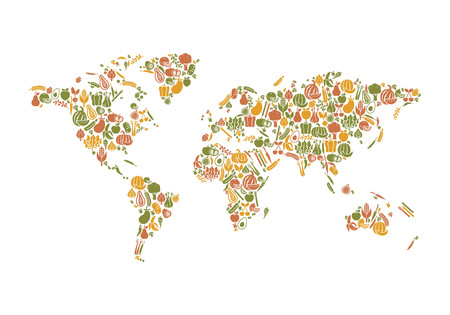 World map composed of fruits and vegetables: nutrition and global food production conceptのイラスト素材