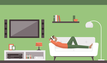 Man relaxing on the sofa in the living room, he is listening to music and restingのイラスト素材