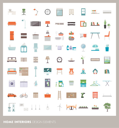 Home room interiors design elements and icons set: furnishings, objects and appliancesのイラスト素材