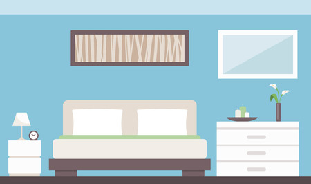 Modern bedroom interior with bed, dresser, bedside table and decorationsのイラスト素材