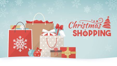Colorful christmas gifts, shopping bags and decorations on the snow, xmas shopping concept bannerのイラスト素材