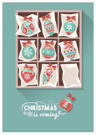 Vintage Christmas baubles in a box, preparing for Christmas conceptのイラスト素材