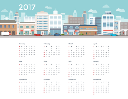 City buildings, street and people, urban lifestyle 2017 calendarのイラスト素材