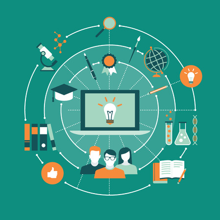 E-learning, education and training concepts network with laptopのイラスト素材