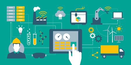 Industry 4.0, automation, internet of things concepts and tablet with human machine interfaceのイラスト素材