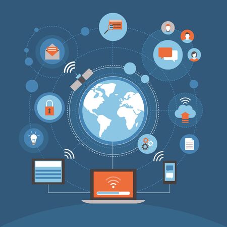Internet, communication and social media concepts on a network with laptop connecting and world globe at centerのイラスト素材
