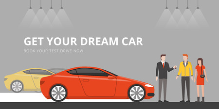 Customers buying a brand new car in a car dealership's showroom, the seller is giving them the car keysのイラスト素材