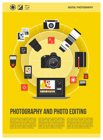 Photography and photo editing concept poster: camera, laptop and photography equipment connecting togetherのイラスト素材