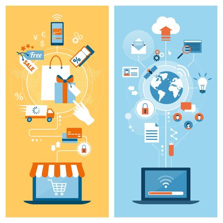 E-shopping, communication, networks and internet concepts connecting on laptopsのイラスト素材