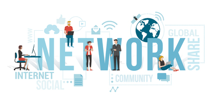 Business people and users connecting to the network using computers and mobile devices: communication technology concept with icons and wordsのイラスト素材