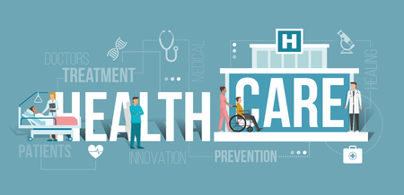 Doctors working at the hospital and patients being assisted by medical professionals: healthcare and clinics concept with words and iconsのイラスト素材