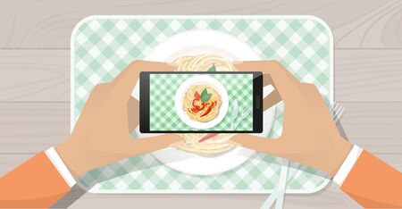 Man taking a picture of his lunch and sharing it online using a touch screen smartphoneのイラスト素材