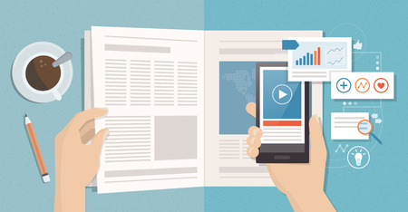 Man reading a magazine and viewing augmented reality content and news on a page using a smartphone, technology and communication conceptのイラスト素材