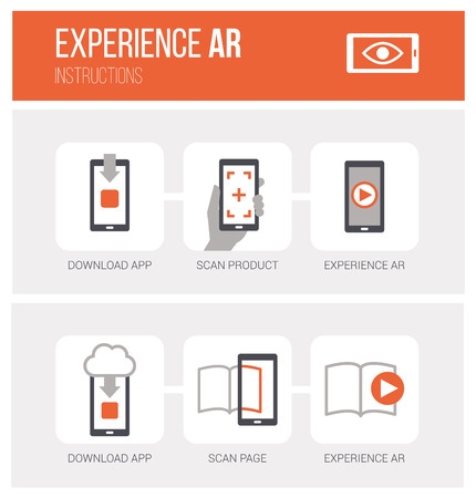Augmented reality, how it works and step by step procedure: app download, product scan and ar experience, icons setのイラスト素材