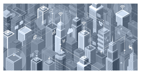 Smart city with modern skyscrapers: they are connecting to the internet network, sharing data and...